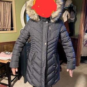 Laundry By Shelli Segal Charcoal Puffer Coat with Faux Fur Hood